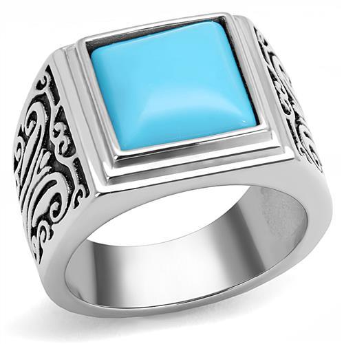 JCE3188 High polished (no plating) Stainless Steel Ring with Synthetic Turquoise in Sea Blue