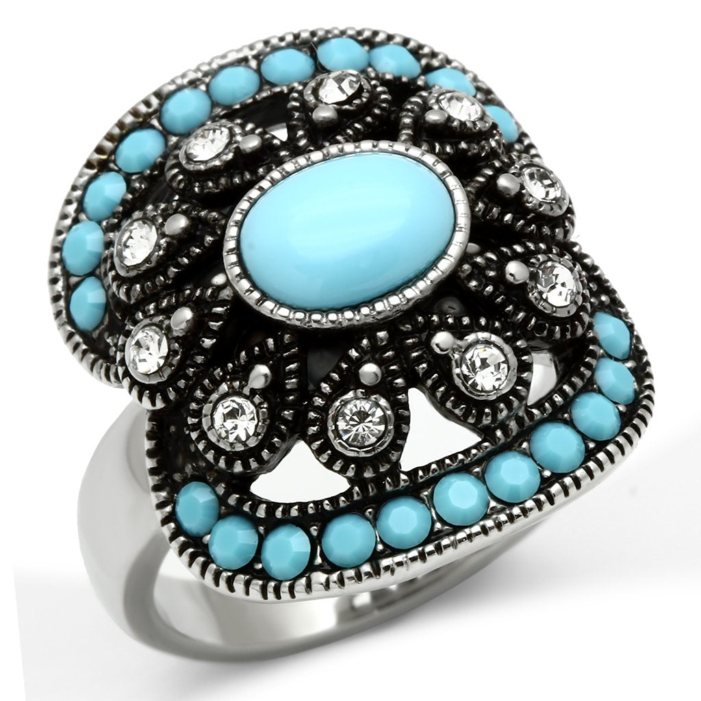 JCE526 High polished (no plating) Stainless Steel Ring with Synthetic Synthetic Glass in Sea Blue